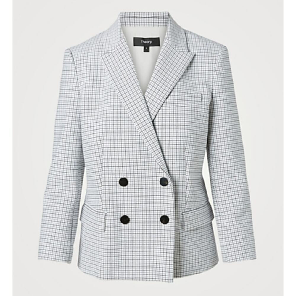 Theory Shrunken Double Breasted Blazer Jacket White Black Grid Plaid Womens 6